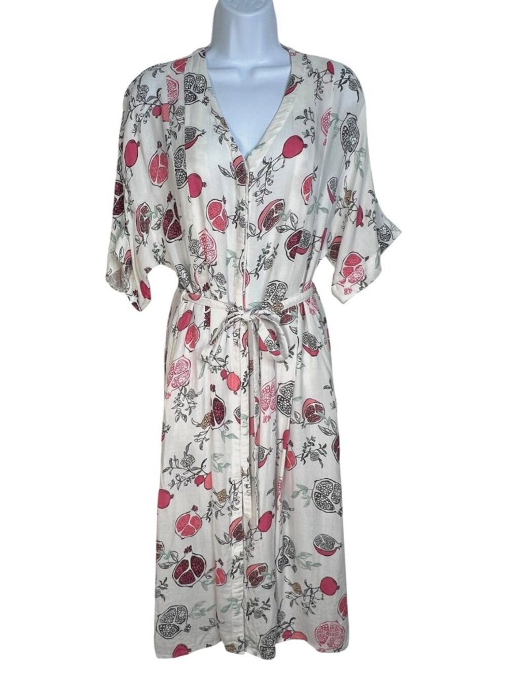 Nest Designs Pomegranate Print Bamboo Silk Dress Robe Button Front Tie waist XS